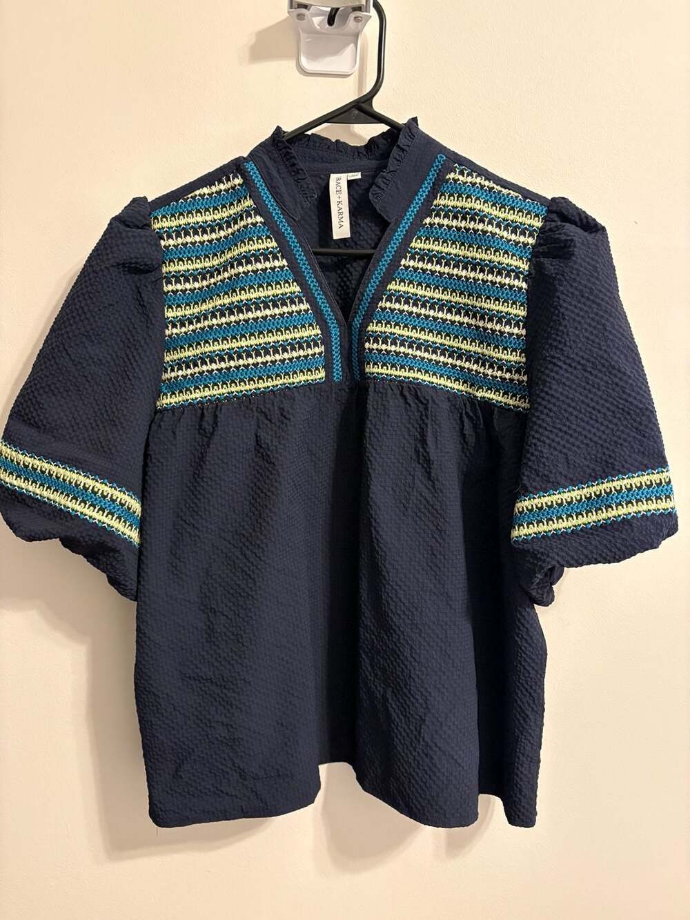 Grace + Karma Navy Blue Ruffle Neck Embroidered Seersucker Blouse